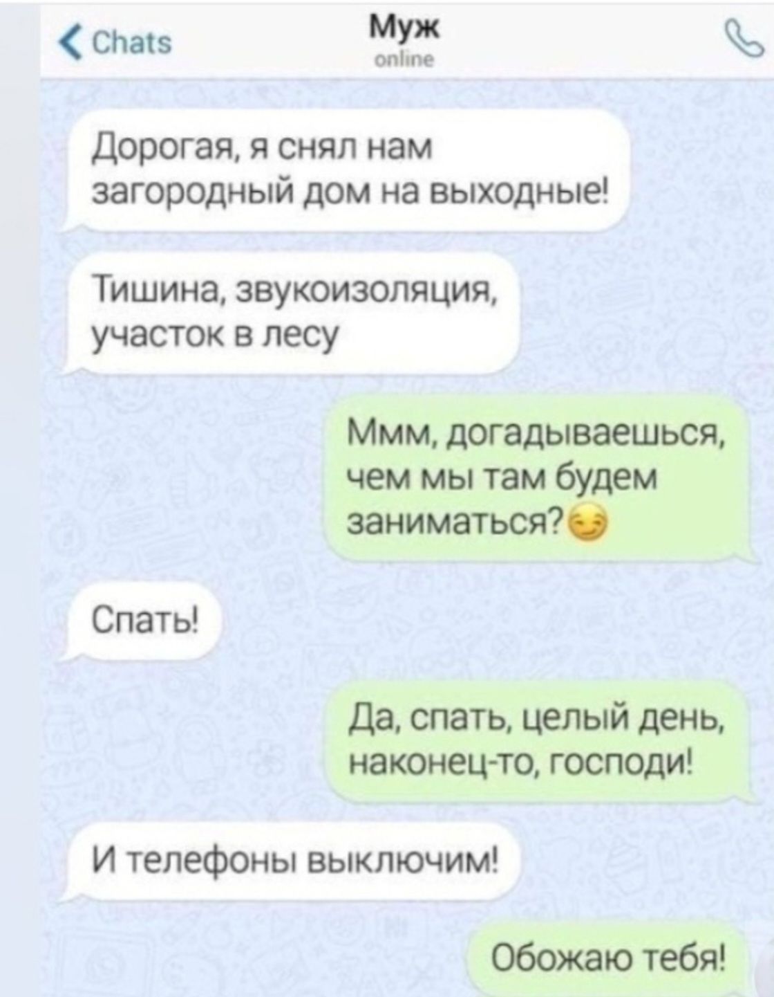 Дорогая, я снял нам загородный дом на выходные! Тишина, звукозоляция, участок в лесу Ммм, догадаешься, чем мы там будем заниматься? Спать! Да, спать, целый день, наконец-то, господи! И телефоны выключим! Обожаю тебя!