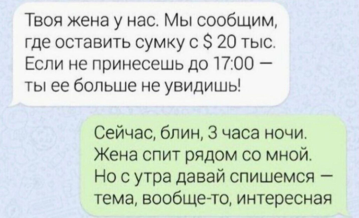 Твоя жена у нас. Мы сообщим, где оставить сумку с $ 20 тыс. Если не принесёшь до 17:00 – ты её больше не увидишь!
Сейчас, блин, 3 часа ночи. Жена спит рядом со мной. Но с утра давай спишемся – тема, вообще-то, интересная