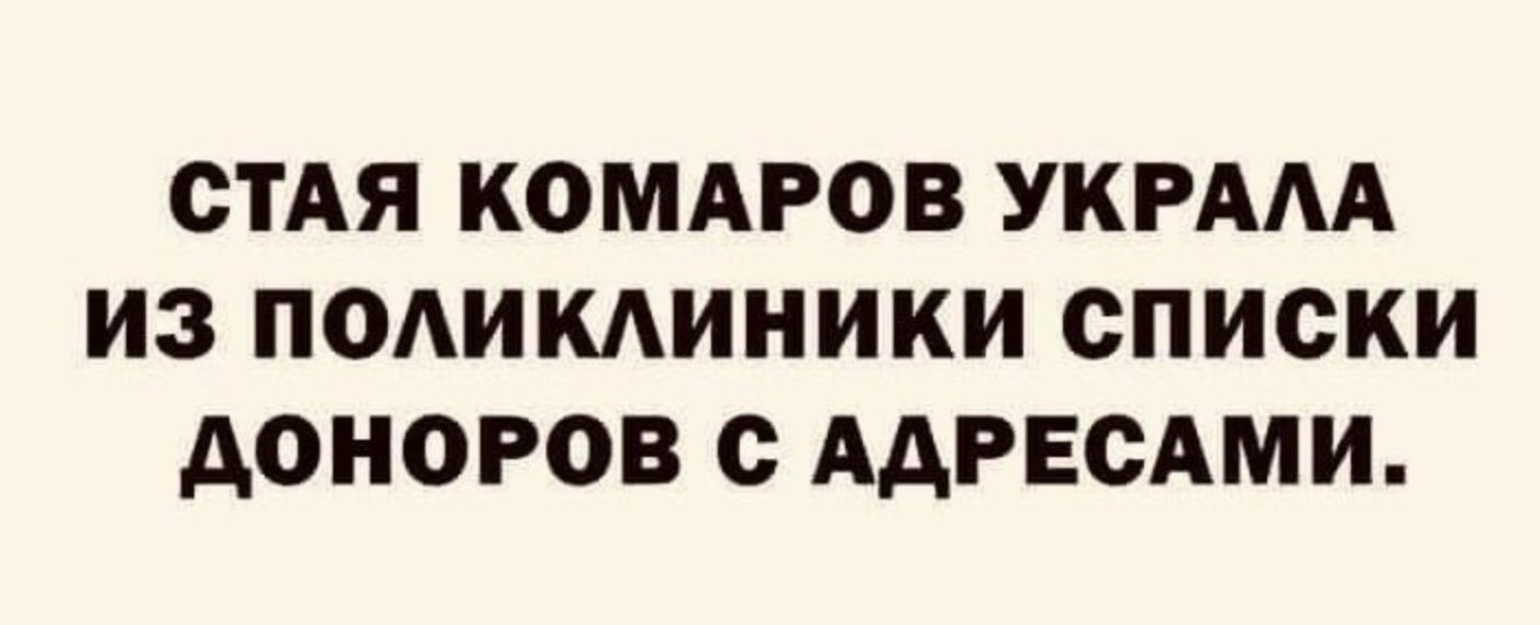 СТАЯ КОМАРОВ УКРАЛА ИЗ ПОЛИКЛИНИКИ СПИСКИ ДОНОРОВ С АДРЕСАМИ.