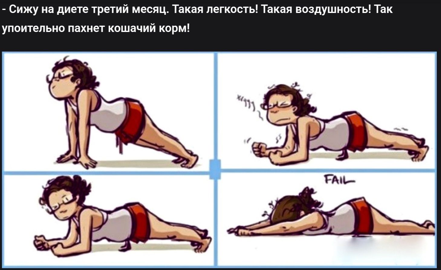- Сижу на диете третий месяц. Такая легкость! Такая воздушность! Так упоительно пахнет кошачий корм!