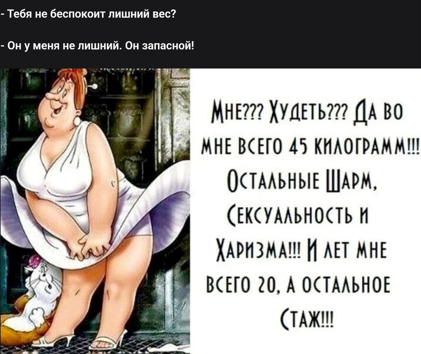Тебя не беспокоит лишний вес?
- Он у меня не лишний. Он запасной!

Мне??? Худеть??? Да во мне всего 45 килограмм!!! Остальные Шарм, Сексуальность и Харизма!!! И лет мне всего 20, а остальное стаж!!!
