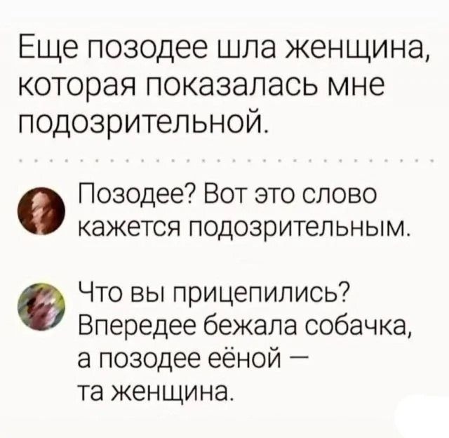 Еще позодее шла женщина, которая показалась мне подозрительной.

Позодее? Вот это слово кажется подозрительным.

Что вы прицепились? Впереде бежала собачка, а позодее её — та женщина.