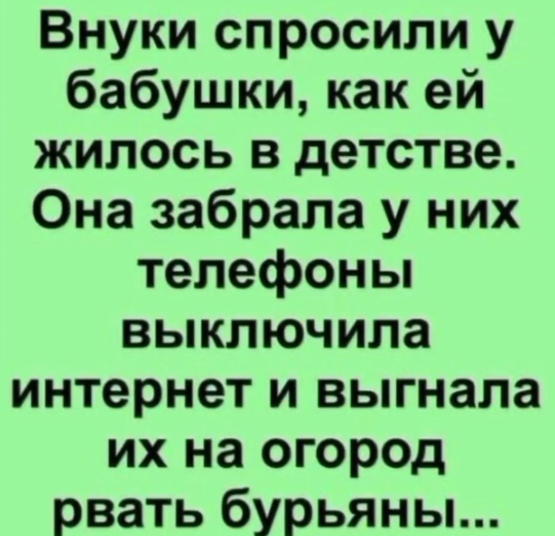 Внуки спросили у бабушки, как ей жилось в детстве. Она забрала у них телефоны, выключила интернет и выгнала их на огород рвать бурьяны...