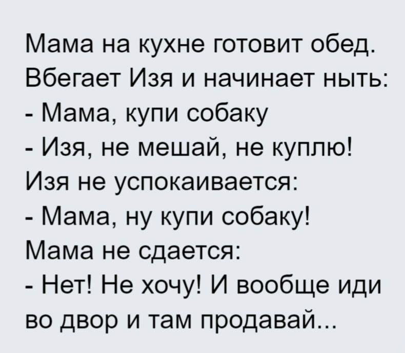 Мама на кухне готовит обед. Вбегает Изя и начинает ныть: - Мама, купи собаку - Изя, не мешай, не куплю! Изя не успокаивается: - Мама, ну купи собак! Мама не сдается: - Нет! Не хочу! И вообще иди во двор и там продавай...