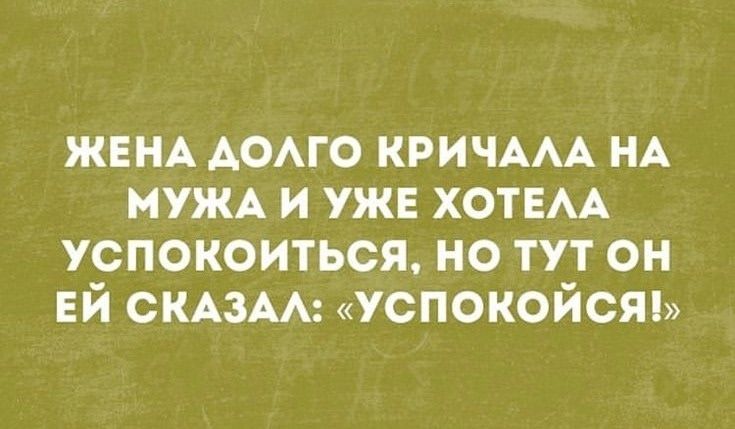 ЖЕНА ДОЛГО КРИЧАLА НА МУЖА И УЖЕ ХОТЕЛА УСПОКОИТЬСЯ, НО ТУТ ОН ЕЙ СКАЗАЛ: «УСПОКОЙСЯ!»