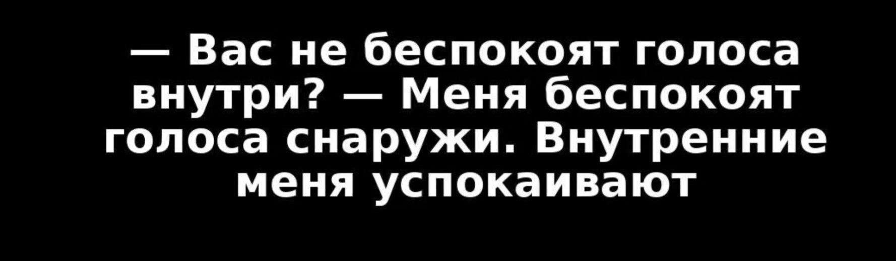 — Вас не беспокоят голоса внутри? — Меня беспокоят голоса снаружи. Внутренние меня успокаивают