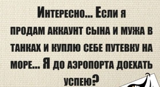Интересно... Если я продам аккаунт сына и мужа в танках и куплю себе путевку на море... Я до аэропорта доехать успею?