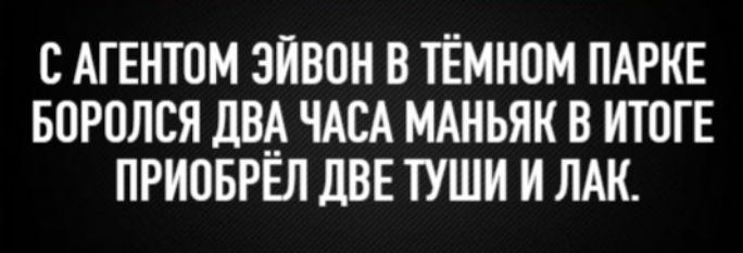 С АГЕНТОМ ЭЙВОН В ТЁМНОМ ПАРКЕ БОРОЛСЯ ДВА ЧАСА МАНЬЯК В ИТОГЕ ПРИОБРЁЛ ДВЕ ТУШИ И ЛАК.