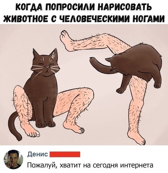 Когда попросили нарисовать животное с человеческими ногами
Денис: Пожалуй, хватит на сегодня интернета