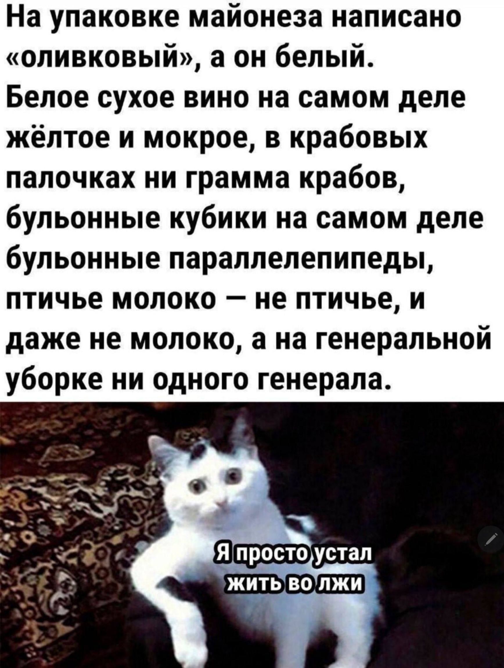 На упаковке майонеза написано «оливковый», а он белый. Белое сухое вино на самом деле жёлтое и мокрое, в крабовых палочках ни грамма крабов, булочные кубики на самом деле булочные параллелепипеды, птичье молоко — не птице, и даже не молоко, а на генеральной уборке ни одного генерала.

Я просто устал жить во лжи
