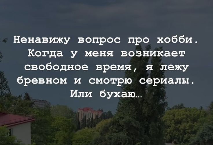 Ненавижу вопрос про хобби. Когда у меня возникает свободное время, я лежу бревном и смотрю сериалы. Или бухаю...