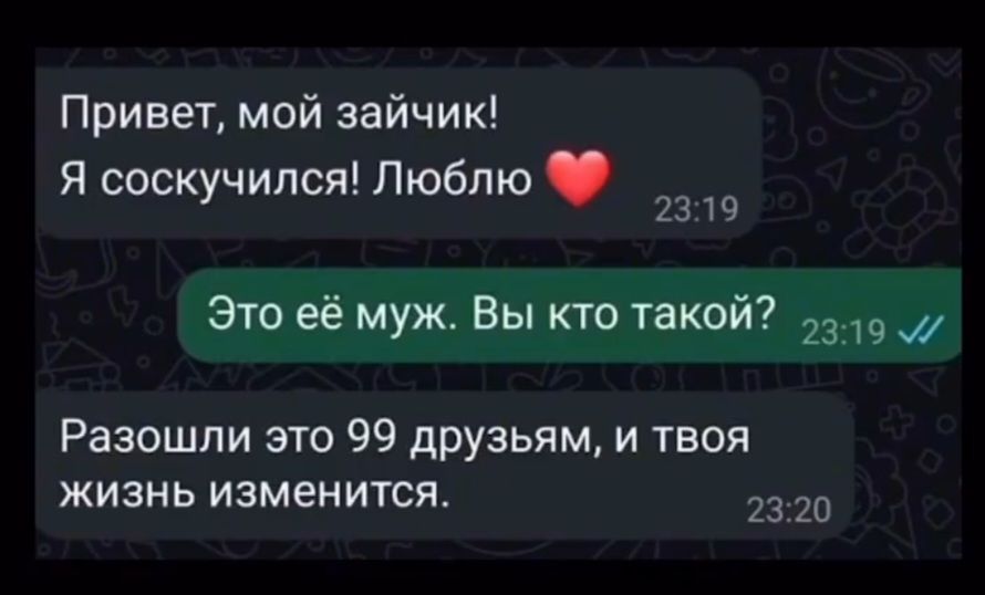 Привет, мой зайчик! Я соскучился! Люблю ❤️ Это её муж. Вы кто такой? Разошли это 99 друзьям, и твоя жизнь изменится.