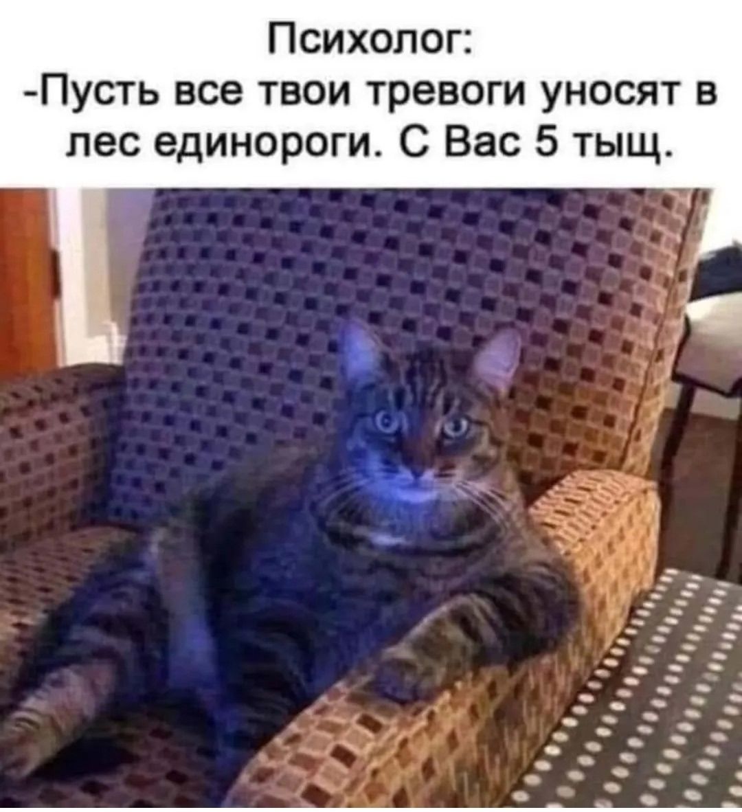 Психолог: -Пусть все твои тревоги уносят в лес единороги. С Вас 5 тыс.