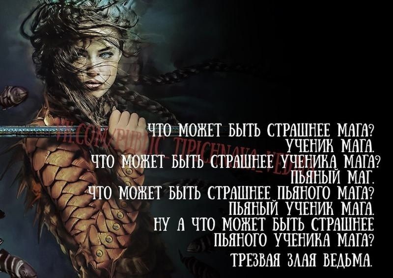 что может быть страшнее мага? ученик мага. что может быть страшнее ученика мага? пьяный маг. что может быть страшнее пьяного ученика мага? пьяный ученик мага. ну а что может быть страшнее пьяного ученика мага? трезвая злая ведьма.