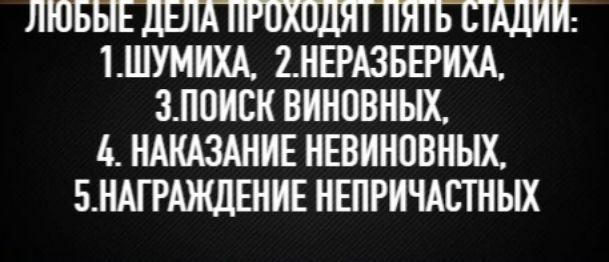 ЛЮБЫЕ ДЕЛА ПРОХОДЯТ ПЯТЬ СТАДИЙ:
1. ШУМИХА,
2. НЕРАЗБЕРИХА,
3. ПОИСК ВИНОВНЫХ,
4. НАКАЗАНИЕ НЕВИННОВНЫХ,
5. НАГРАЖДЕНИЕ НЕПРИЧАСТНЫХ