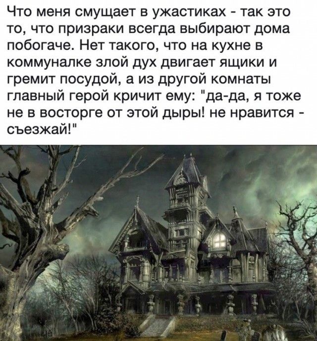 Что меня смущает в ужастиках - так это то, что призраки всегда выбирают дома побогаче. Нет такого, что на кухне в коммуналке злой дух двигает ящики и гремит посудой, а из другой комнаты главный герой кричит ему: 'да-да, я тоже не в восторге от этой дырвы! не нравится - съезжай!'