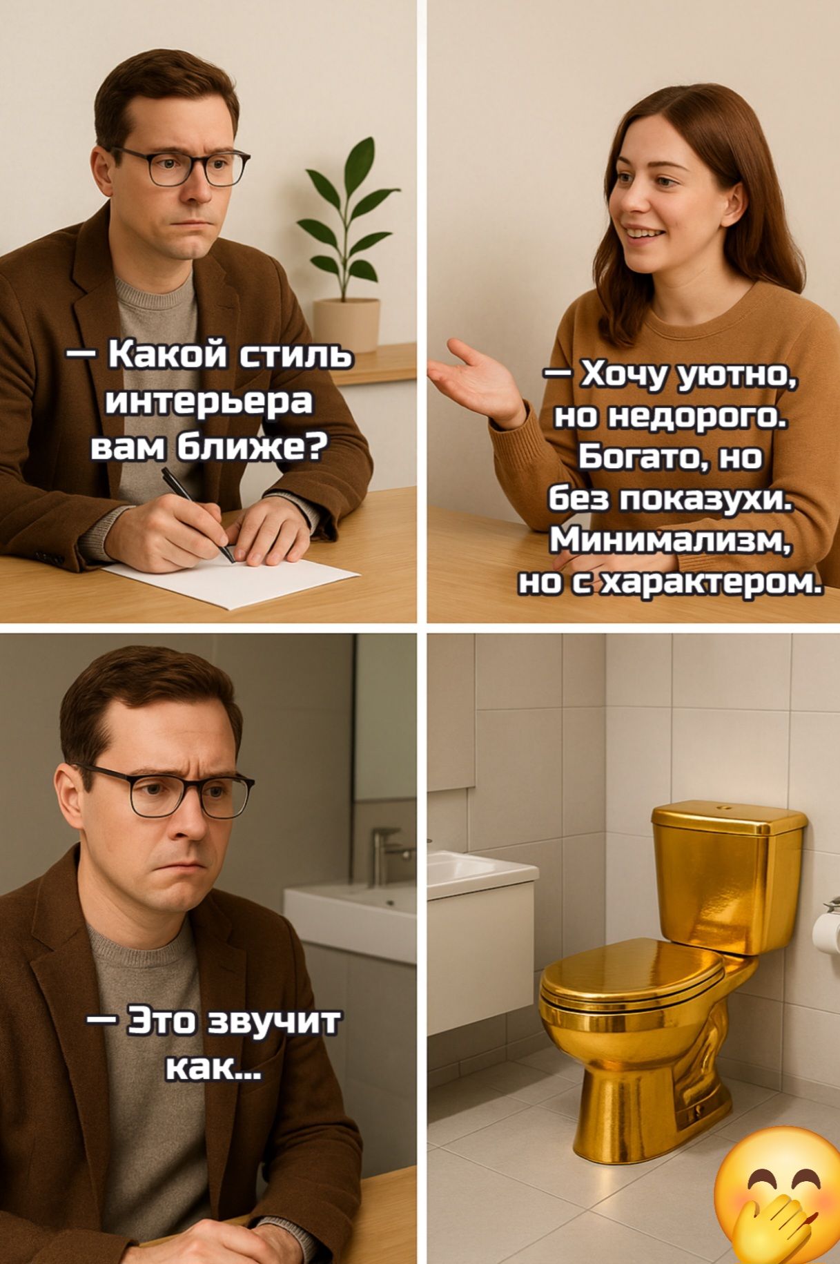 — Какой стиль интерьера вам ближе?
— Хочу уютно, но недорого. Богато, но без показухи. Минимализм, но с характером.
— Это звучит как...