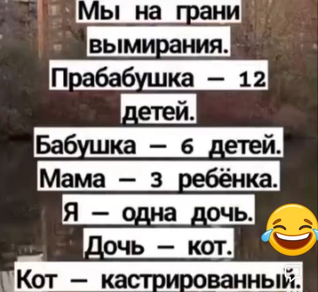 Мы на грани вымирания. Пра бабушка – 12 детей. Бабушка – 6 детей. Мама – 3 ребёнка. Я – одна дочь. Дочь – кот. Кот – кастрированный.