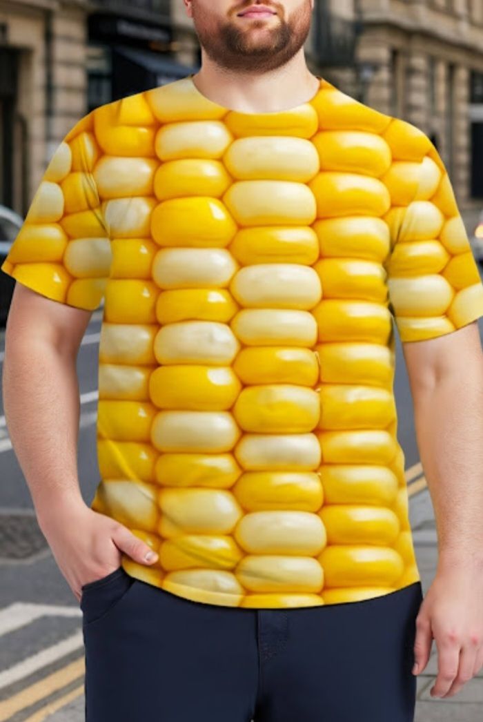 Мужчина в футболке с принтом в виде кукурузы