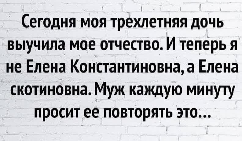 Сегодня моя трехлетняя дочь выучила мое отчество. И теперь я не Елена Константиновна, а Елена скотиновна. Муж каждую минуту просит её повторять это…