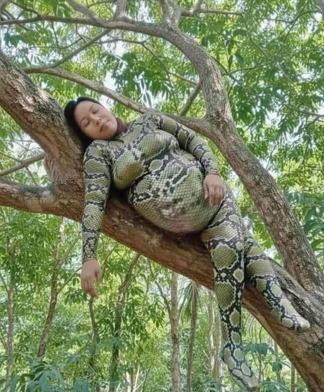 Беременная женщина в костюме под змею на ветке дерева