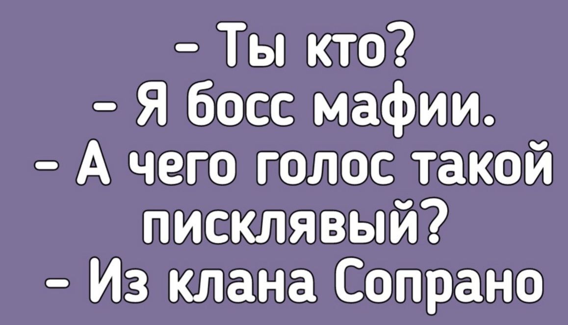 - Ты кто?
- Я босс мафии.
- А чего голос такой писклявый?
- Из клана Сопрано