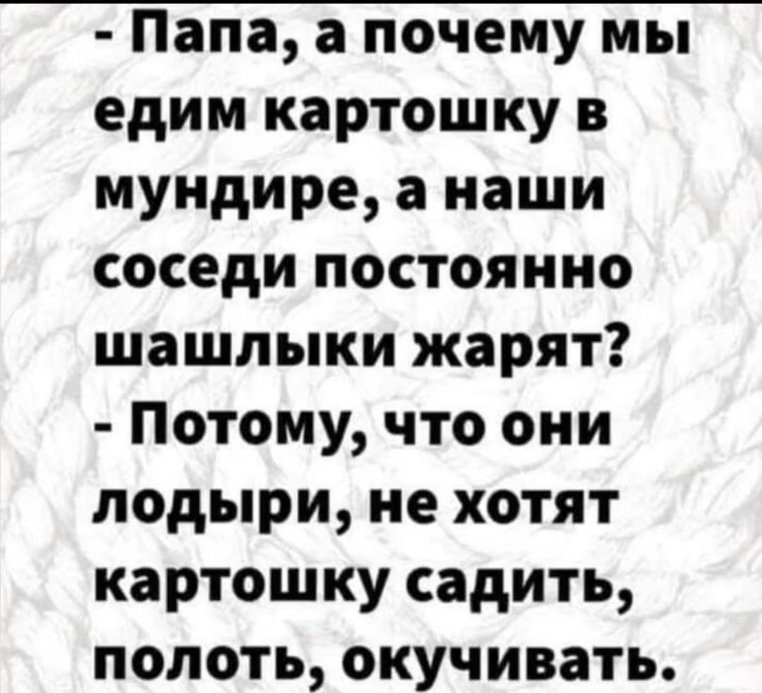 - Папа, а почему мы едим картошку в мундире, а наши соседи постоянно шашлыки жарят?
- Потому, что они лодыри, не хотят картошку садить, полоть, окучивать.
