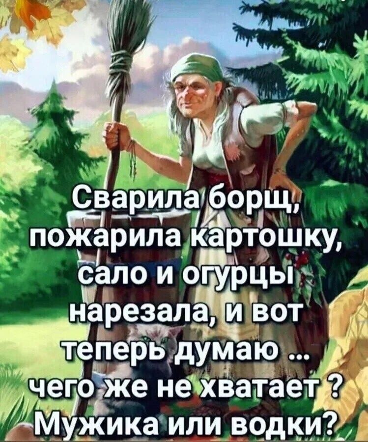 Сварила борщ, пожарила картошку, сало и огурцы нарезала, и вот теперь думаю ... чего же не хватает ? Мужика или водки?