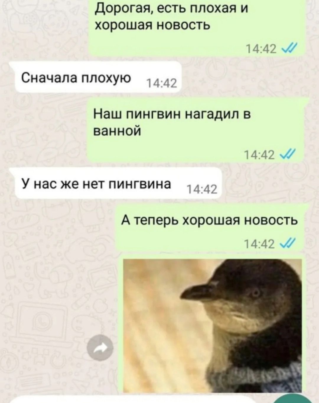 Дорогая, есть плохая и хорошая новость
Сначала плохую
Наш пингвин нагадил в ванной
У нас же нет пингвина
А теперь хорошая новость