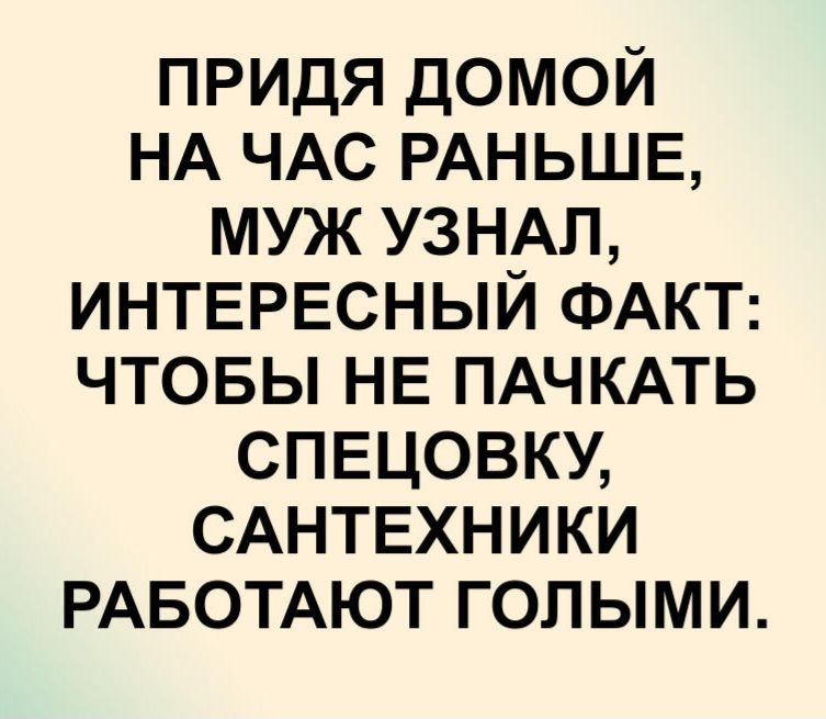 ПРИДЯ ДОМОЙ НА ЧАС РАНЬШЕ, МУЖ УЗНАЛ, ИНТЕРЕСНЫЙ ФАКТ: ЧТОБЫ НЕ ПАЧКАТЬ СПЕЦОВКУ, САНТЕХНИКИ РАБОТАЮТ ГОЛЫМИ.