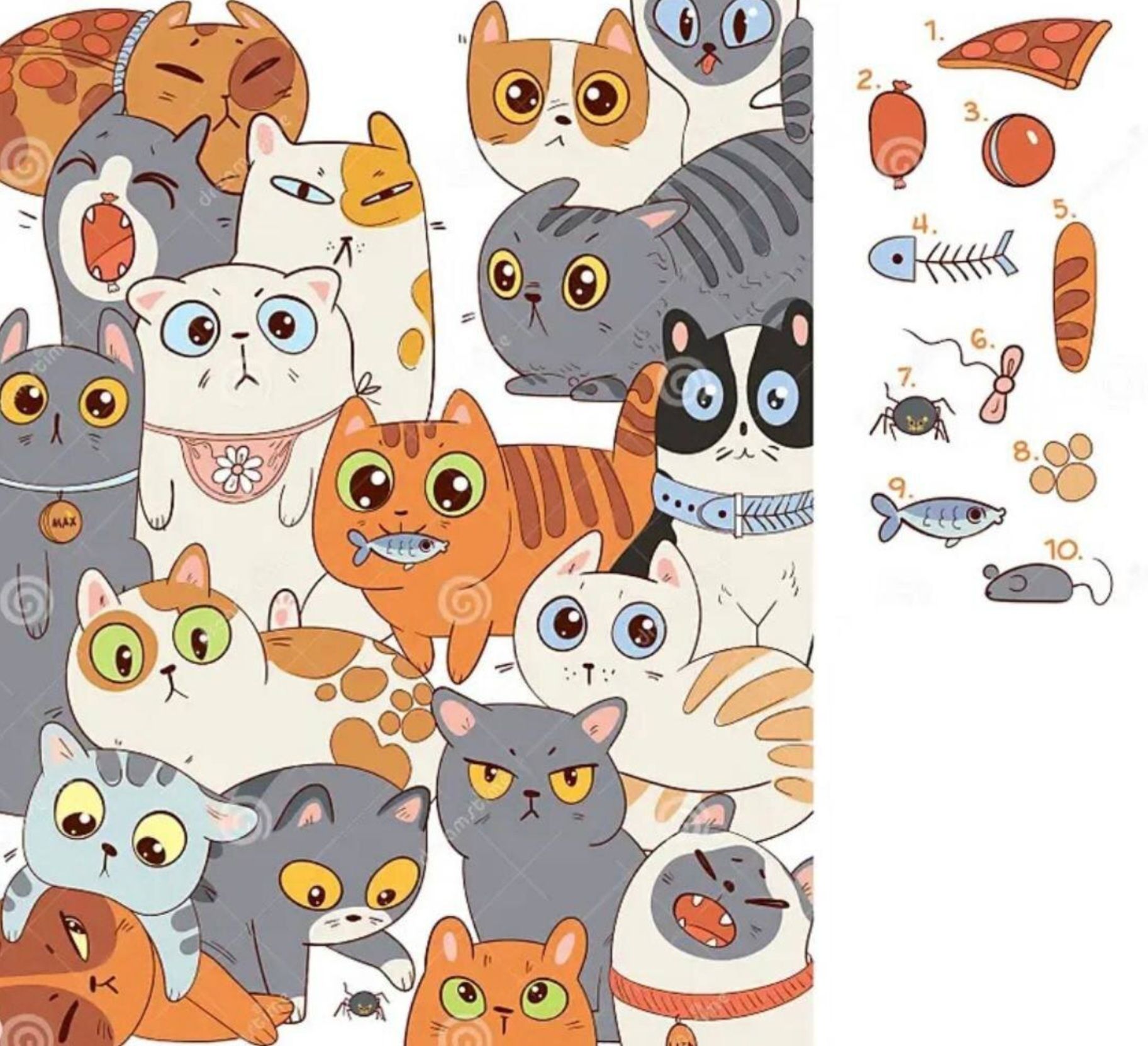На картинке множество улыбающихся котят, слева — яркие иллюстрации с котиками разной окраски, справа — мини-подписи/схема с изображениями еды и косточек.