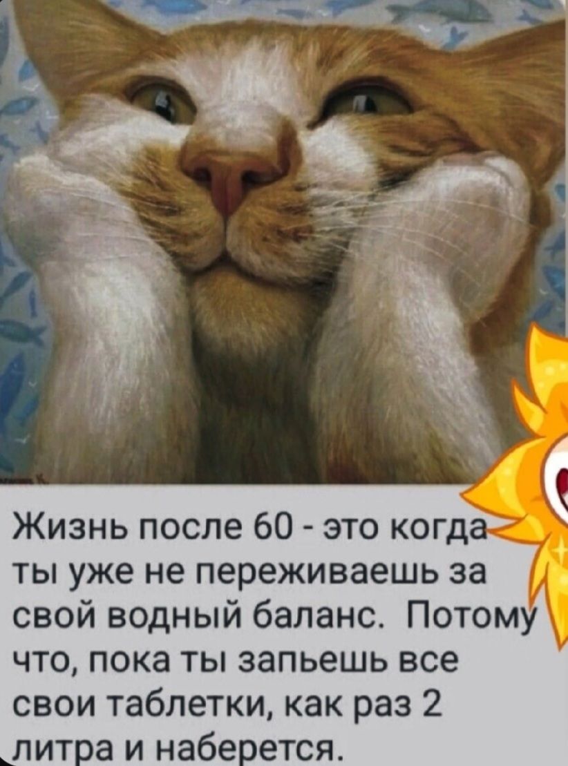 Жизнь после 60 - это когда ты уже не переживаешь за свой водный баланс. Потому что, пока ты запьешь все свои таблетки, как раз 2 литра и наберется.
