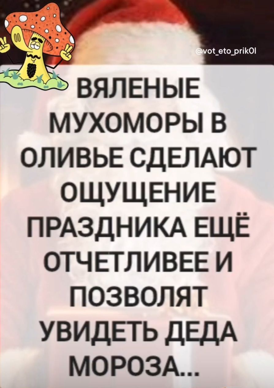 ВЯЛЕНЫЕ МУХОМОРЫ В ОЛИВЬЕ СДЕЛАЮТ ОЩУЩЕНИЕ ПРАЗДНИКА ЕЩЕ ОТЧЕТЛИВЕЕ И ПОЗВОЛЯТ УВИДЕТЬ ДЕДА МОРОЗА...