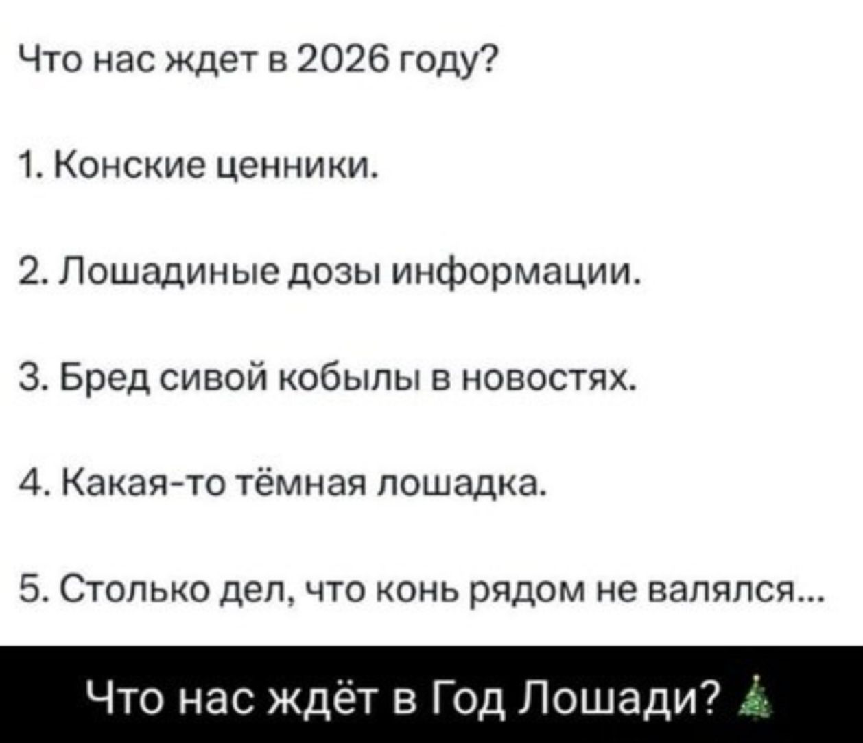 Что нас ждёт в 2026 году?\n1. Конские ценники.\n2. Лошадиные дозы информации.\n3. Бред сиовoy кобыли в новостях.\n4. Какая-то тёмная лошадка.\n5. Столько дел, что конь рядом не валялся...\nЧто нас ждёт в Год Лошади? 🎄