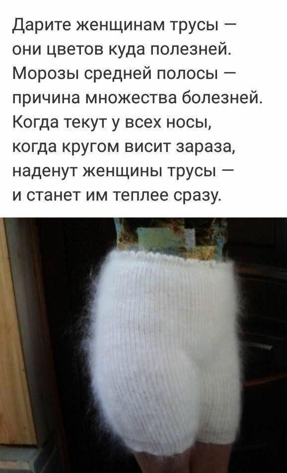 Дарите женщинам трусы — они цветов куда полезней. Морозы средней полосы — причина множества болезней. Когда текут у всех носы, когда кругом висит зараза, наденут женщины трусы — и станет им теплее сразу.
