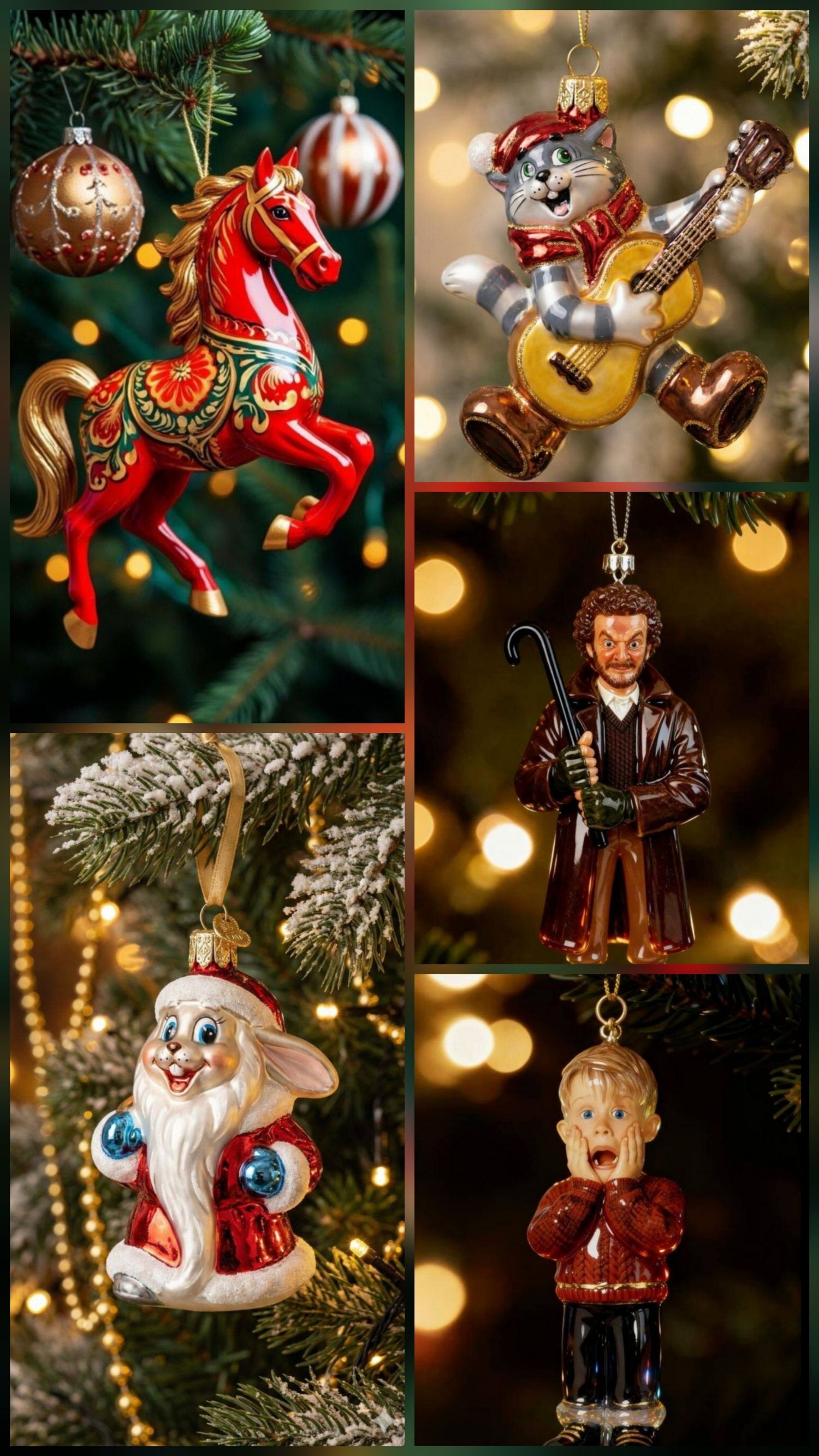 Коллаж рождественских елочных украшений: лошадка, мышь-гитарист, Дед Мороз и мальчик.