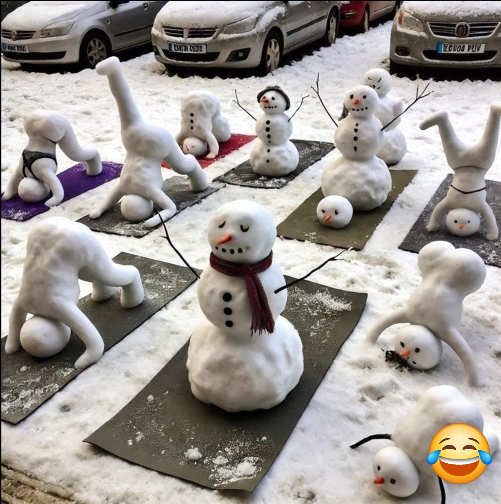 Уличная инсталляция: снеговики на плитке в снегу, вокруг ещё небольшие фигуры; на фото смайлик-эмодзи в углу.