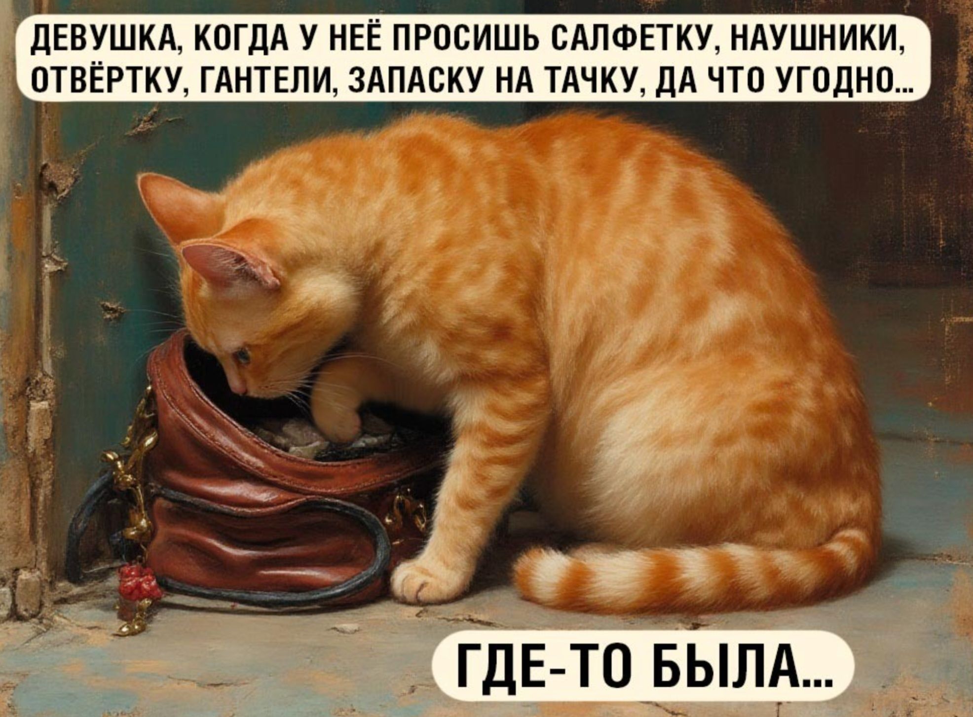 ДЕВУШКА, КОГДА У НЕЁ ПРОСИШЬ САЛФЕТКУ, НАУШНИКИ, ОТВЁРТКУ, ГАНТЕЛИ, ЗАПАСКУ НА ТАЧКУ, ДА ЧТО УГОДНО... ГДЕ-ТО БЫЛА...