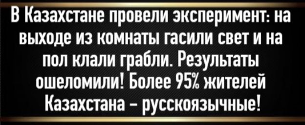 В Казахстане провели эксперимент: на выходе из комнаты гасили свет и на пол клали грабли. Результаты ошеломили! Более 95% жителей Казахстана - русскоязычные!