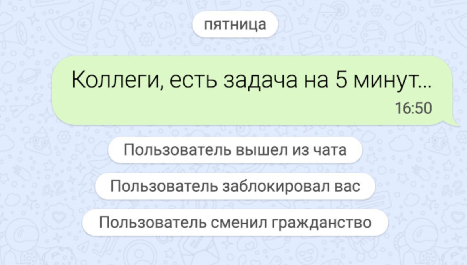 пятница
Коллеги, есть задача на 5 минут...
Пользователь вышел из чата
Пользователь заблокировал вас
Пользователь сменил гражданство