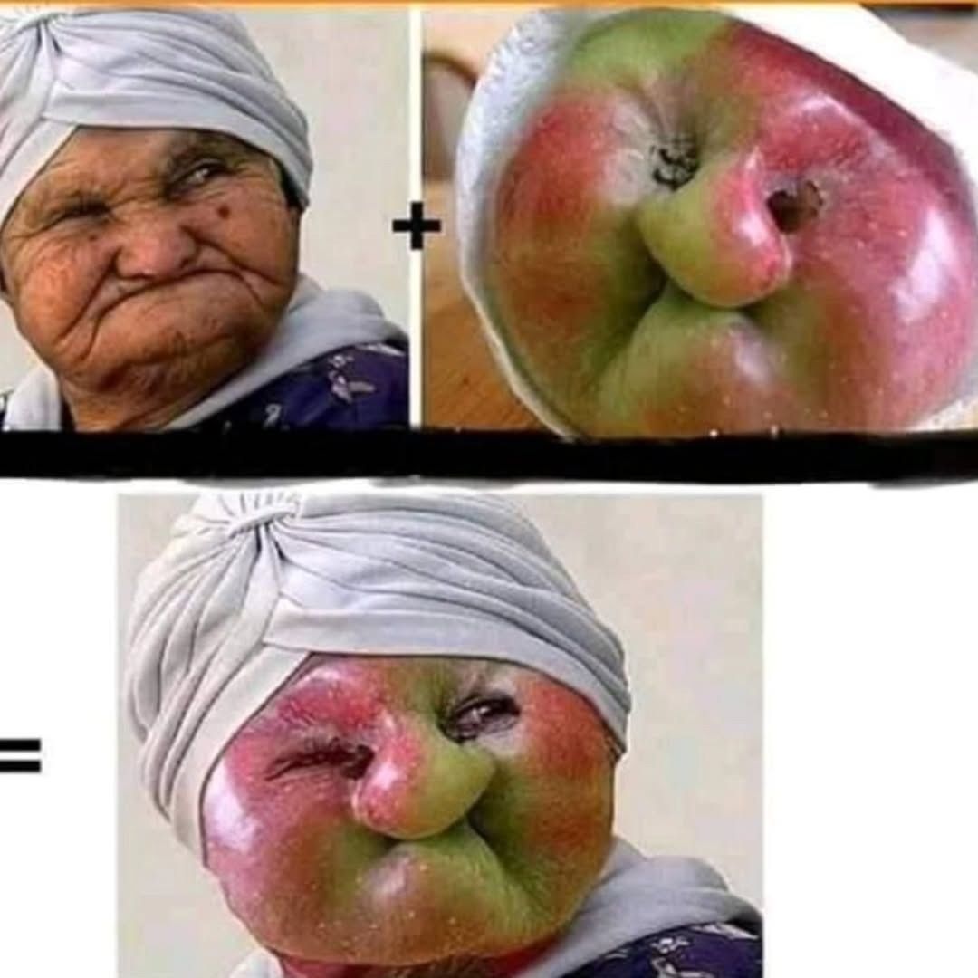 Коллаж: старуха в платке и яблоко, смешной нейромем.