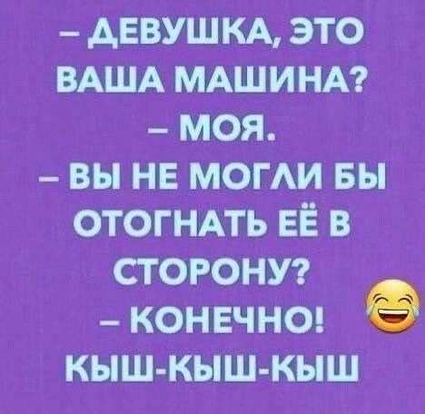 - ДЕВУШКА, ЭТО ВАША МАШИНА?
- МОЯ.
- ВЫ НЕ МОГЛИ БЫ ОТОГНАТЬ ЕЁ В СТОРОНУ?
- КОНЕЧНО!
КЫШ-КЫШ-КЫШ 😂