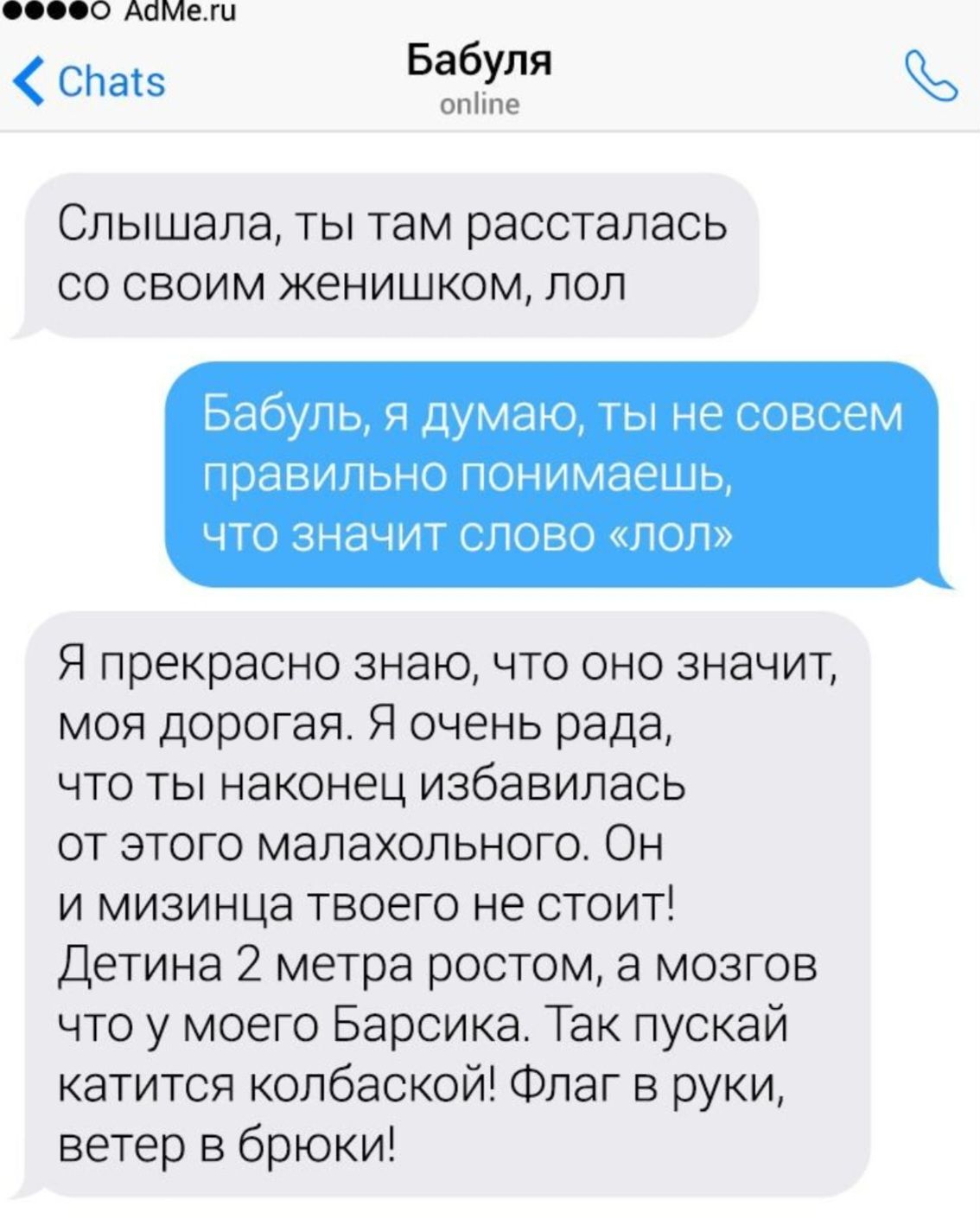 Слышала, ты там рассталась со своим женишком, лол
Бабуль, я думаю, ты не совсем правильно понимаешь, что значит слово «лол»
Я прекрасно знаю, что оно значит, моя дорогая. Я очень рада, что ты наконец избалась от этого малохольного. Он и мизинца твоего не стоит! Детина 2 метра ростом, а мозгов что у моего Барсика. Так пускай катится колбаской! Флаг в руки, ветер в брюки!
