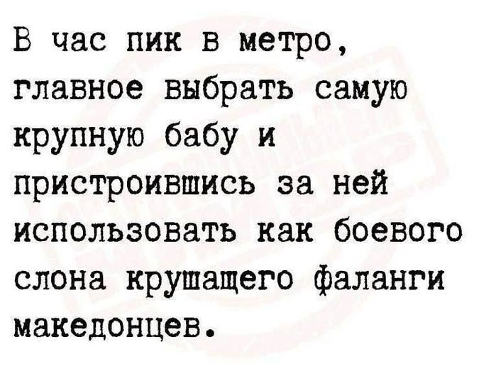 В час пик в метро, главное выбрать самую крупную бабу и пристроившись за ней использовать как боевого слона крашащего фаланги македонцев.