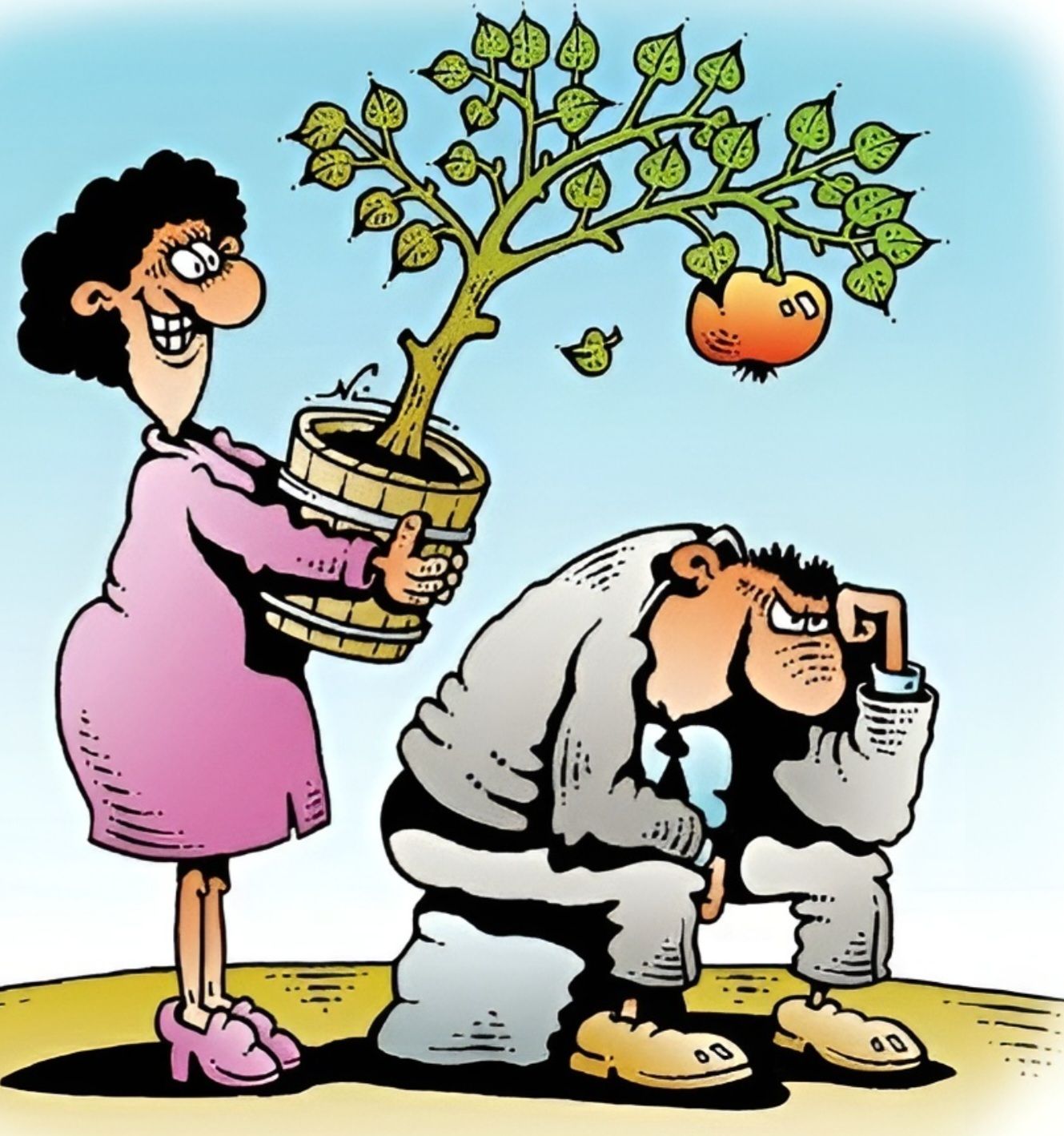 Карикатура: женщина поливает дерево в горшке; мужчина сидит унылый рядом.