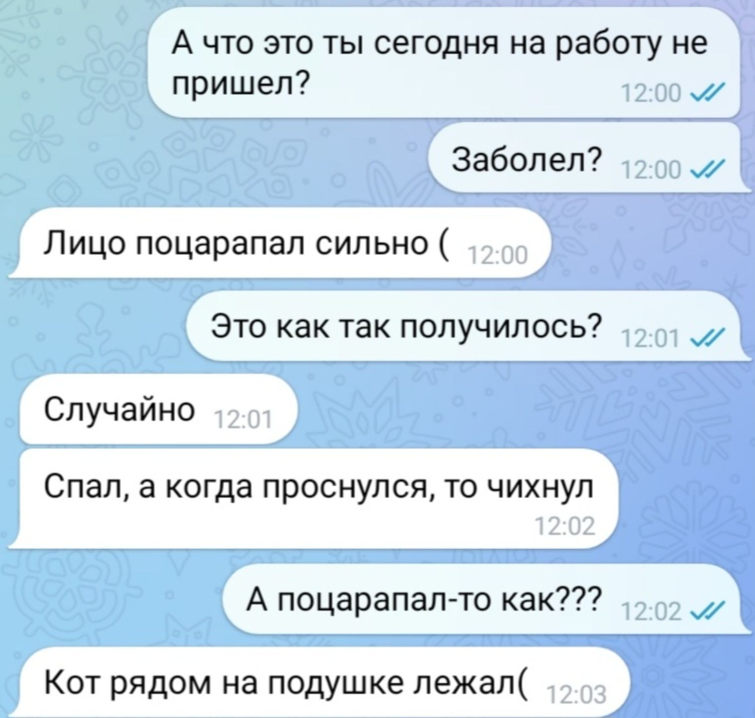 А что это ты сегодня на работу не пришел? Заболел? Лицо поцарапал сильно ( Это как так получилось? Случайно Спал, а когда проснулся, то чихнул А поцарапал-то как??? Кот рядом на подушке лежал