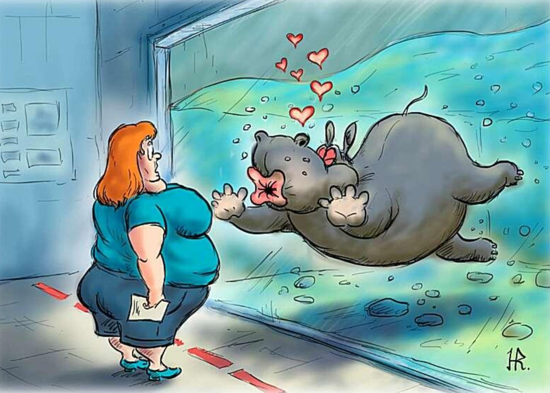 Женщина наблюдает за медведем за стеклом аквариума, который посылает ей сердечки.