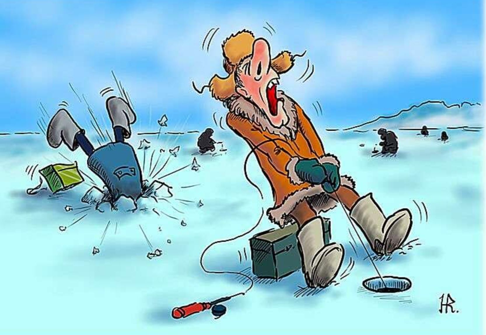 Карикатура: мужчина на льду пытается вытащить рыбу, в то время как другой человек плевает в воде под льдом; комичные детали и сломанная музыка создают юмор.