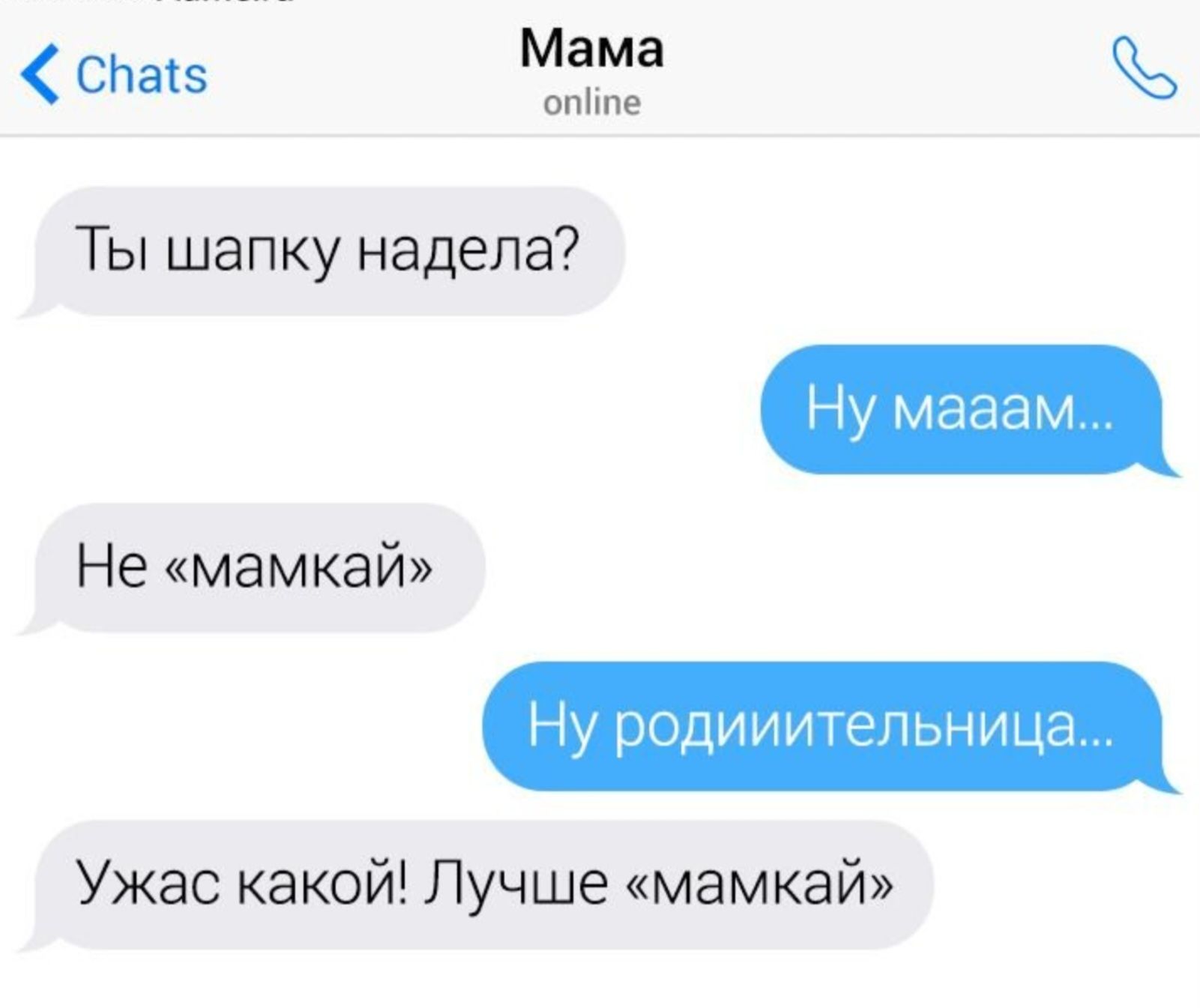 Ты шапку надела?
Ну мама...
Не «мамкай»
Ну родительница...
Ужас какой! Лучше «мамкай»