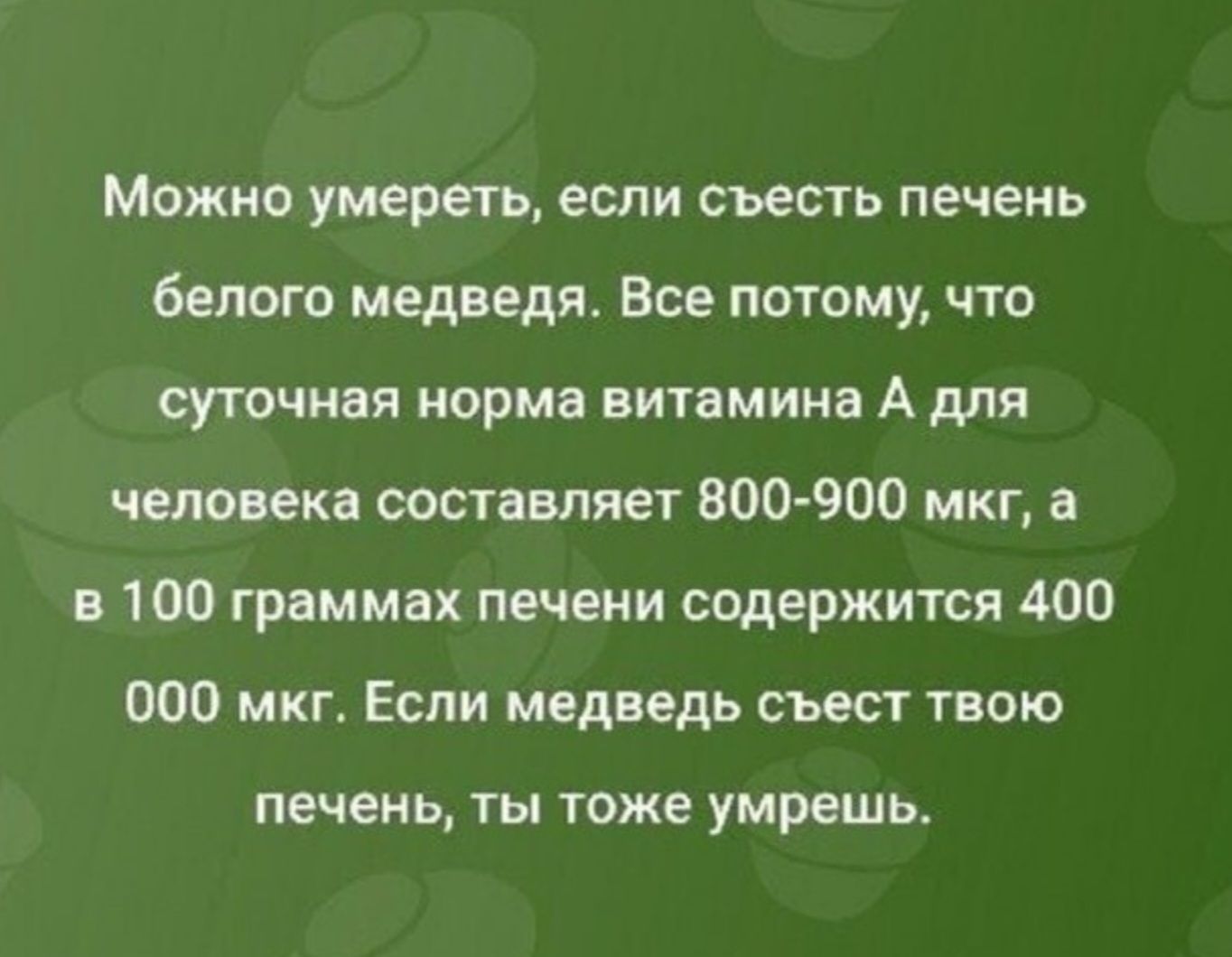 Можно умереть, если съесть печень белого медведя. Все потому, что суточная норма витамина А для человека составляет 800-900 мкг, а в 100 граммах печени содержится 400 000 мкг. Если медведь съест твою печень, ты тоже умрешь.